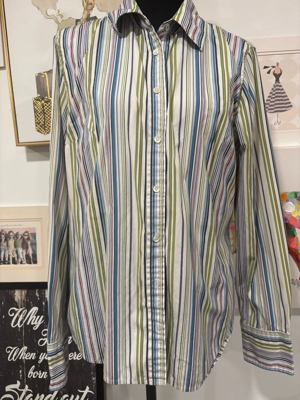 J. Crew Men's White Button-Up Shirt with Blue, Green and Red Stripes
